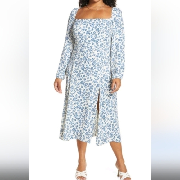 Reformation Sigmund Dress Milanesa Blue Floral Midi Long Sleeve sz 22 - Picture 1 of 12